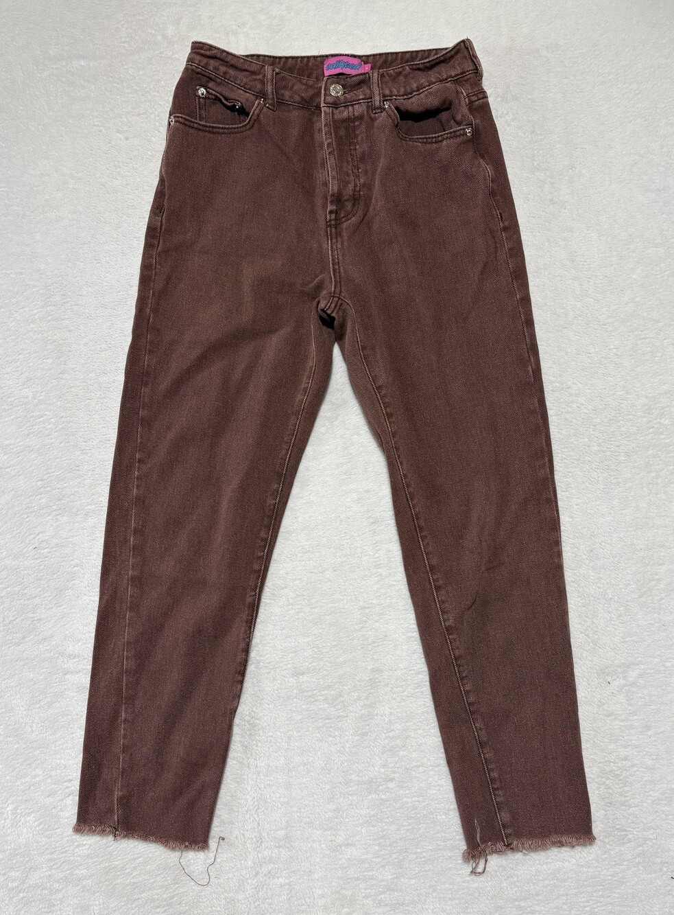 Edikted Jeans Womens Small Brown High Rise Button Fly Raw Hem Cropped Denim